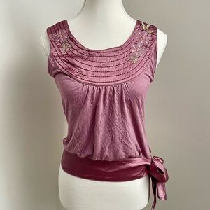 Vintage Y2K Scoop Neck Satin Tie Waist Embroidered Detail Pink Tank Top